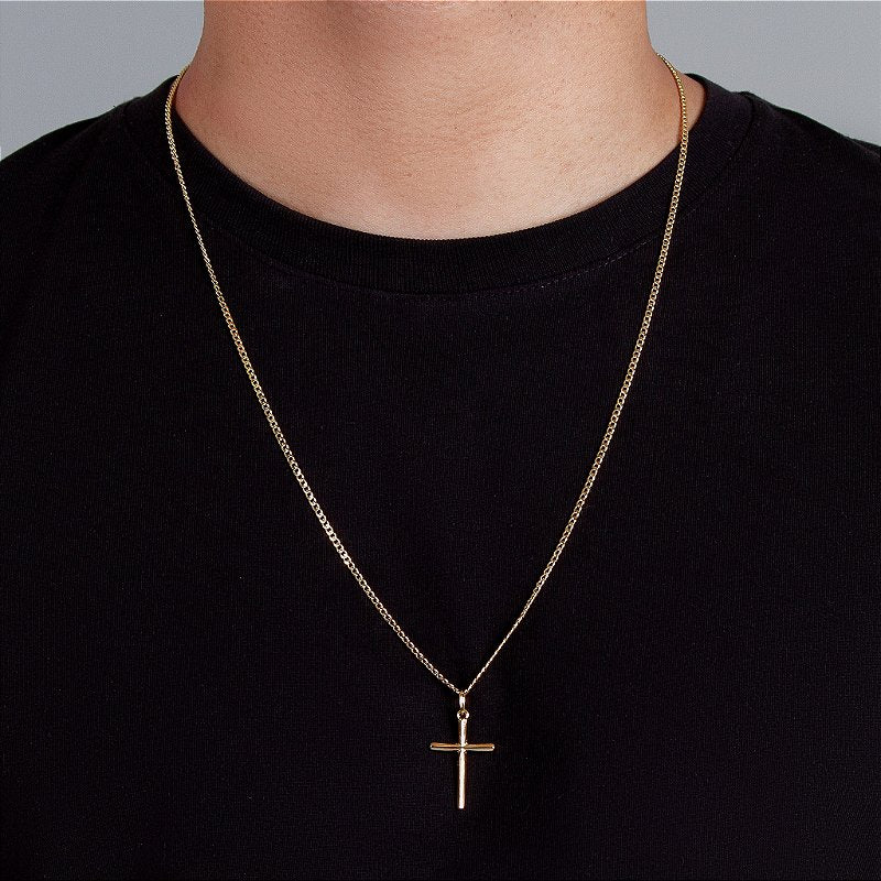 Corrente Grumet 2mm Fecho Tradicional + Pingente Cruz Palito Lisa Banhada A Ouro 18k COR010-PIN012