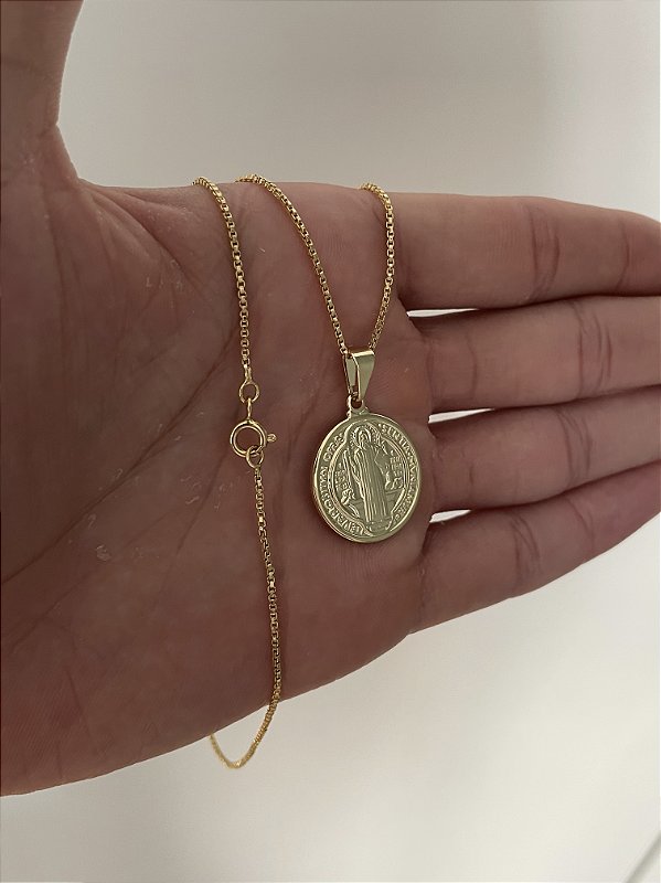 Corrente Veneziana 1mm + Pingente São Bento Liso Banhado A Ouro 18k COR009-PIN135