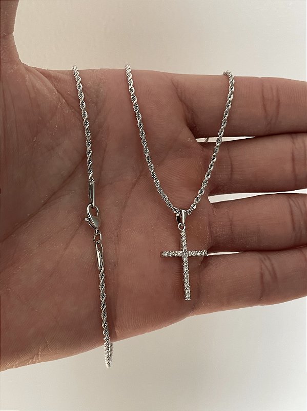 Corrente Cordão Baiano 1,6mm + Pingente Cruz Palito Chapada Cravejada Banhado A Ouro Branco COR001-PIN0