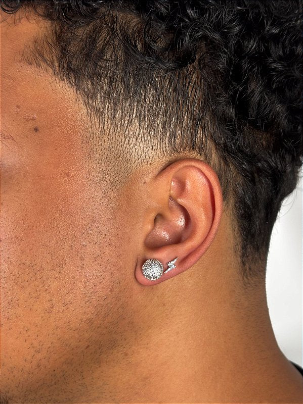 Kit Brinco Masculino Par Argola Redondo G + Brinco Raio Banhado A Ouro Branco BRI008-BRI002