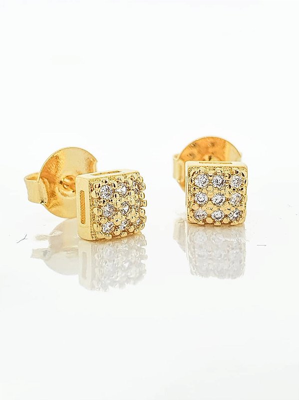 Brinco Masculino Par Quadrado Cravejado Com 9 Pedras Banhado A Ouro 18k BRI043