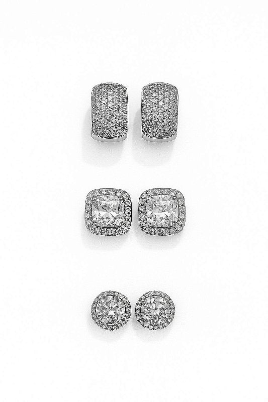Kit Brincos Imperial, Imperial Quadrado e 29 Pedras Banhado A Ouro Branco BRI192-BRI205-BRI003