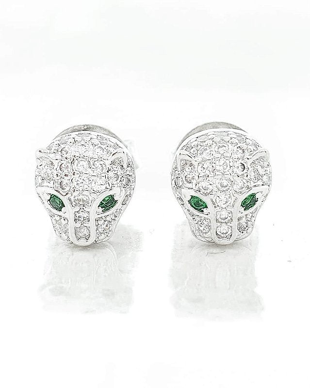 Brinco Masculino Par Tigre Olho Verde Banhado A Ouro Branco BRI007