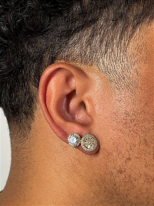 Kit Brinco Masculino Par Redondo Cravejado Pedra Retangular + Brinco Fílip Imperial Banhado A Ouro 18k BRI167-BRI
