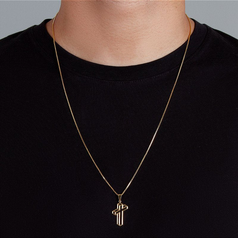 Corrente Veneziana 1,2mm Fecho Tradicional + Pingente Cruz 3D Banhada A Ouro 18k