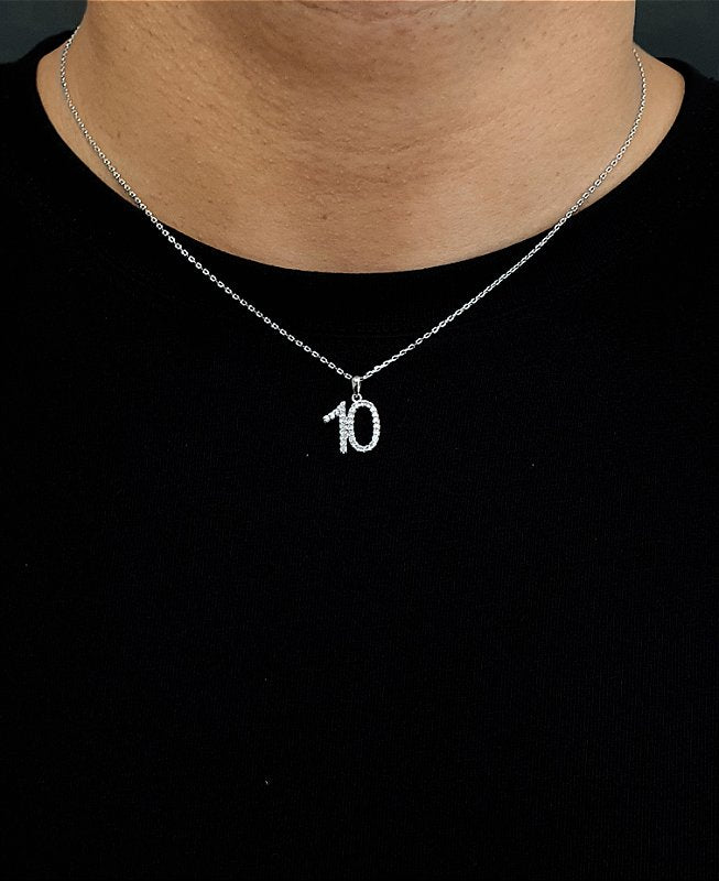 Corrente Elo Cadeado 1,2mm + Pingente Número 10 Cravejado Banhado A Ouro Branco COR013-PIN082
