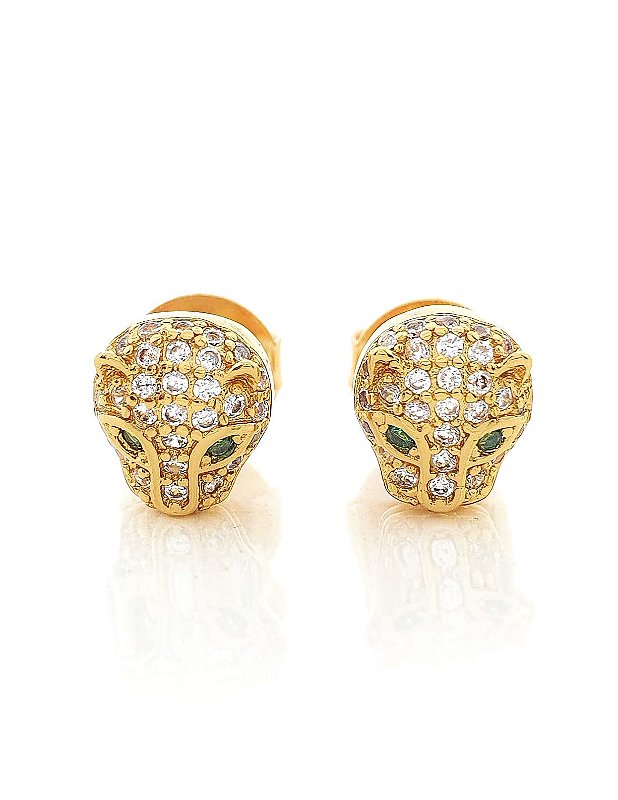 Brinco Masculino Par Tigre Olho Verde Banhado A Ouro 18k BRI033