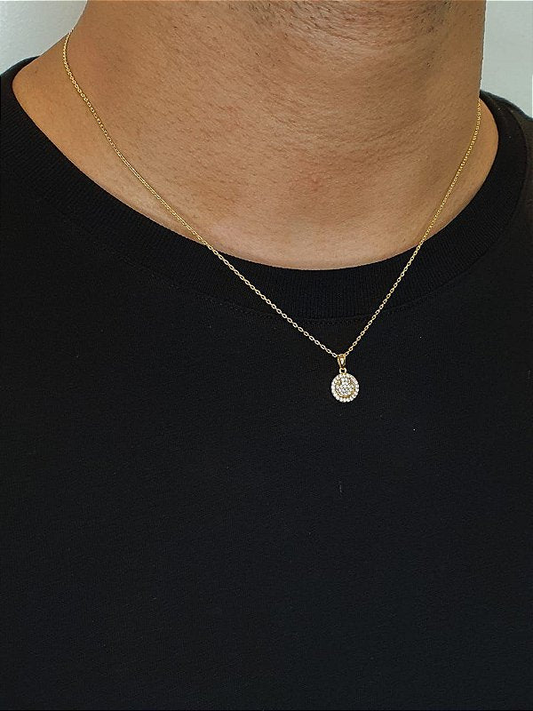 Corrente Elo Cadeado 1,2mm + Pingente Smile Redondo Cravejado Banhado A Ouro 18k COR026-PIN005