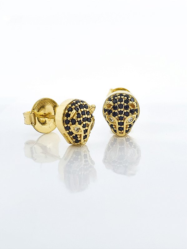 Brinco Masculino Par Tigre Com Pedra Preta Banhado A Ouro 18K BRI091