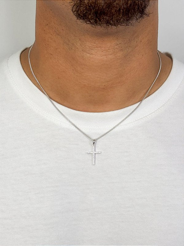 Kit Completo Corrente Grumet, Pingente Cruz e 2 Brincos Banhado A Ouro Branco COR005-PIN009-BRI003-BRI001