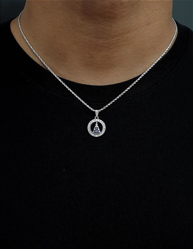 Corrente Cordão Baiano 1,6mm + Pingente Nossa Senhora Cravejado Redondo Banhado A Ouro Branco COR001-PIN09