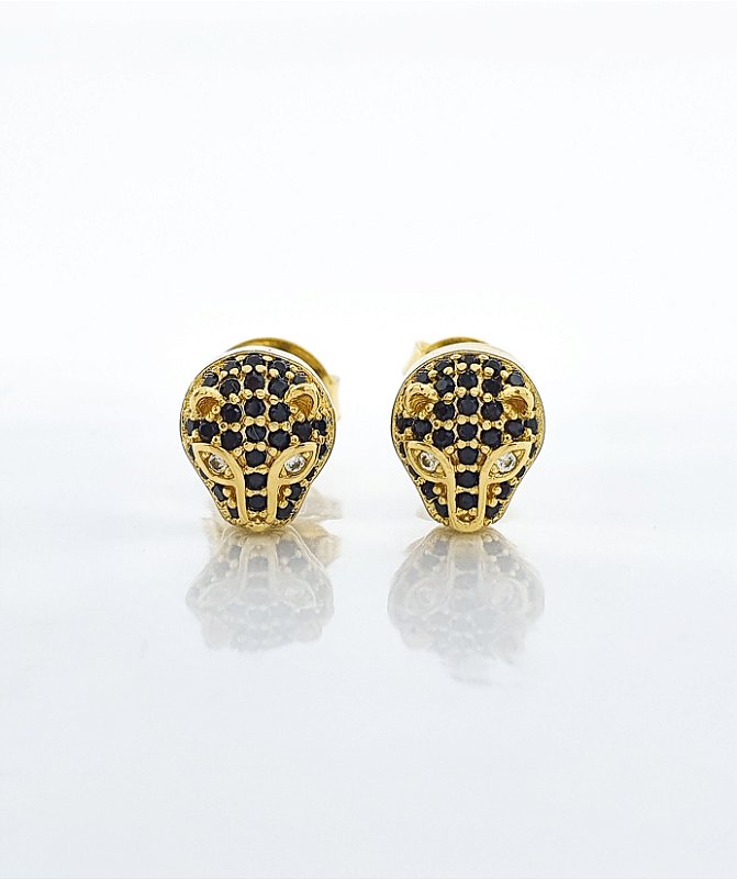 Brinco Masculino Par Tigre Com Pedra Preta Banhado A Ouro 18K BRI091