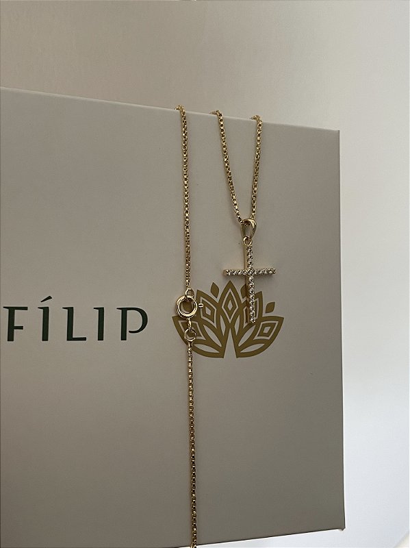 Corrente Veneziana 1mm + Pingente Cruz Palito Chapada Cravejada Banhado A Ouro 18K COR009-PIN027