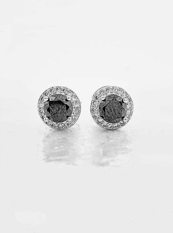 Brinco Masculino Par Redondo Cravejado Fílip 1 Pedra Preta Banhado A Ouro Branco BRI037