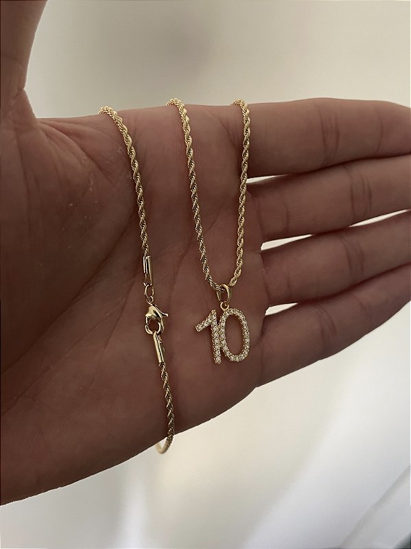 Corrente Cordão Baiano 1,6mm + Pingente Número 10 Cravejado Banhado A Ouro 18k COR003-PIN083