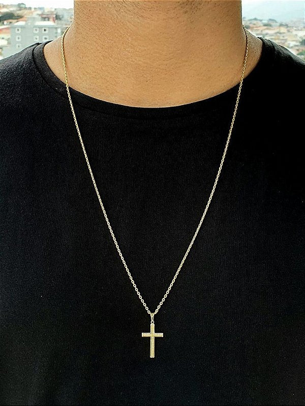 Corrente Elo Cadeado 2mm Fecho Tradicional + Pingente Cruz Detalhe Pontinhos Banhada A Ouro 18k COR011-PI