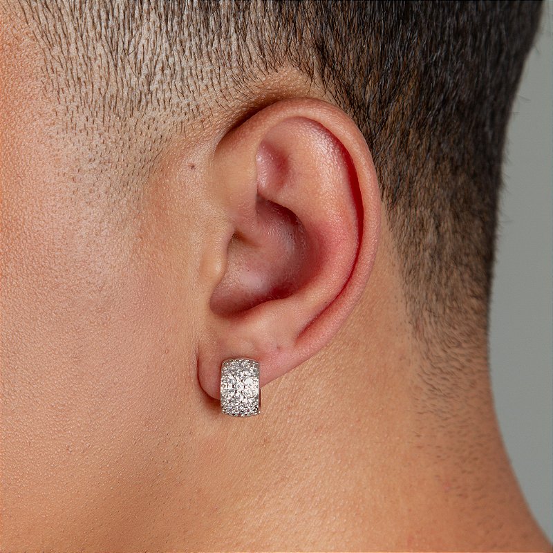 Brinco Masculino Par Argola Cravejada Com 16 Pedras Banhada A Ouro Branco BRI004