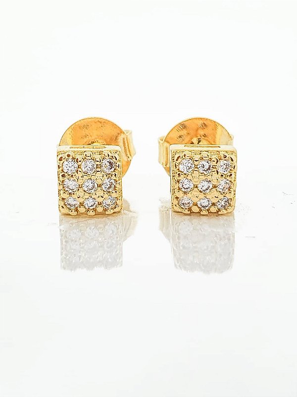 Brinco Masculino Par Quadrado Cravejado Com 9 Pedras Banhado A Ouro 18k BRI043