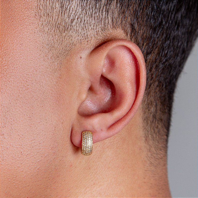 Brinco Masculino Par Argola Cravejada 4 Fileiras G Banhada A Ouro 18k BRI108