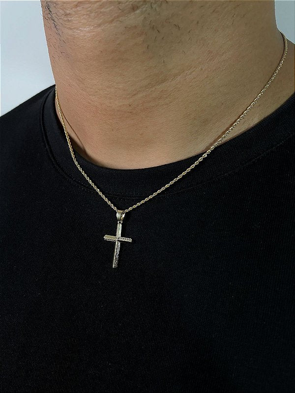 Corrente Cordão Baiano 1,6mm + Pingente Cruz Linear Banhado A Ouro 18K COR003-PIN130