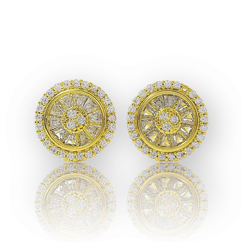 Brinco Masculino Par Redondo Cravejado Pedra Retangular (12mm) Banhado A Ouro 18k BRI167