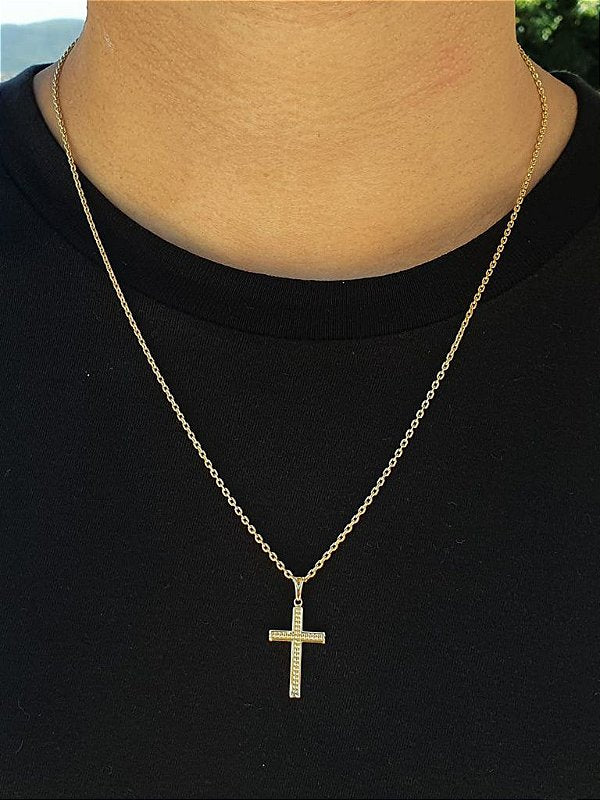 Corrente Elo Cadeado 2mm Fecho Tradicional + Pingente Cruz Detalhe Pontinhos Banhada A Ouro18k COR008-P