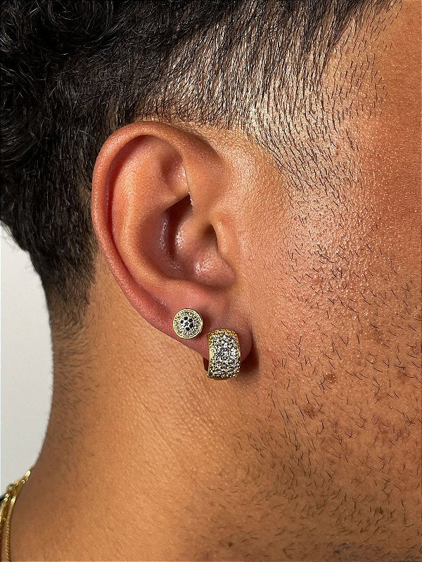 Kit Brinco Masculino Par Argola Cravejada Com 16 Pedras + Brinco Fílip Blue Banhada A Ouro 18K BRI026-BRI188