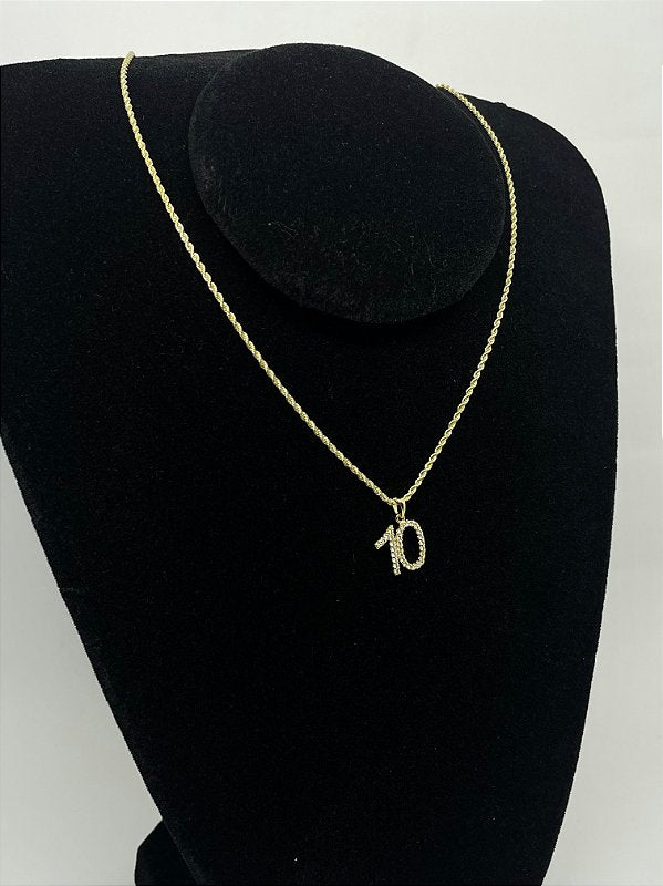 Corrente Cordão Baiano 1,6mm + Pingente Número 10 Cravejado Banhado A Ouro 18k COR003-PIN083