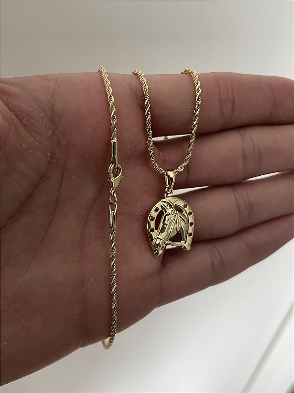 Corrente Cordão Baiano 1,6mm + Pingente Cavalo Ferradura Banhado A Ouro 18k COR003-PIN136