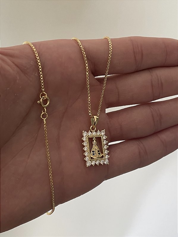 Corrente Veneziana 1mm + Pingente Nossa Senhora Cravejado Quadrado Banhado A Ouro 18k COR009-PIN089